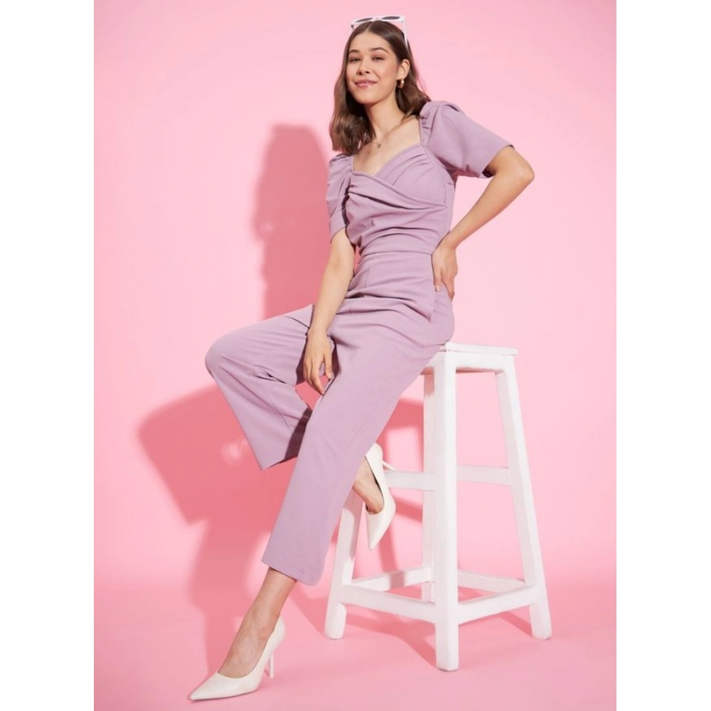 Women's Polyester Lycra Solid Puff Sleeve Jumpsuit (Lavender) - Image 2