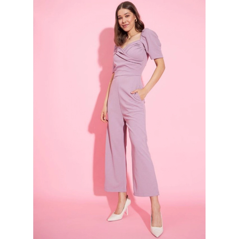 Women's Polyester Lycra Solid Puff Sleeve Jumpsuit (Lavender) - Image 3