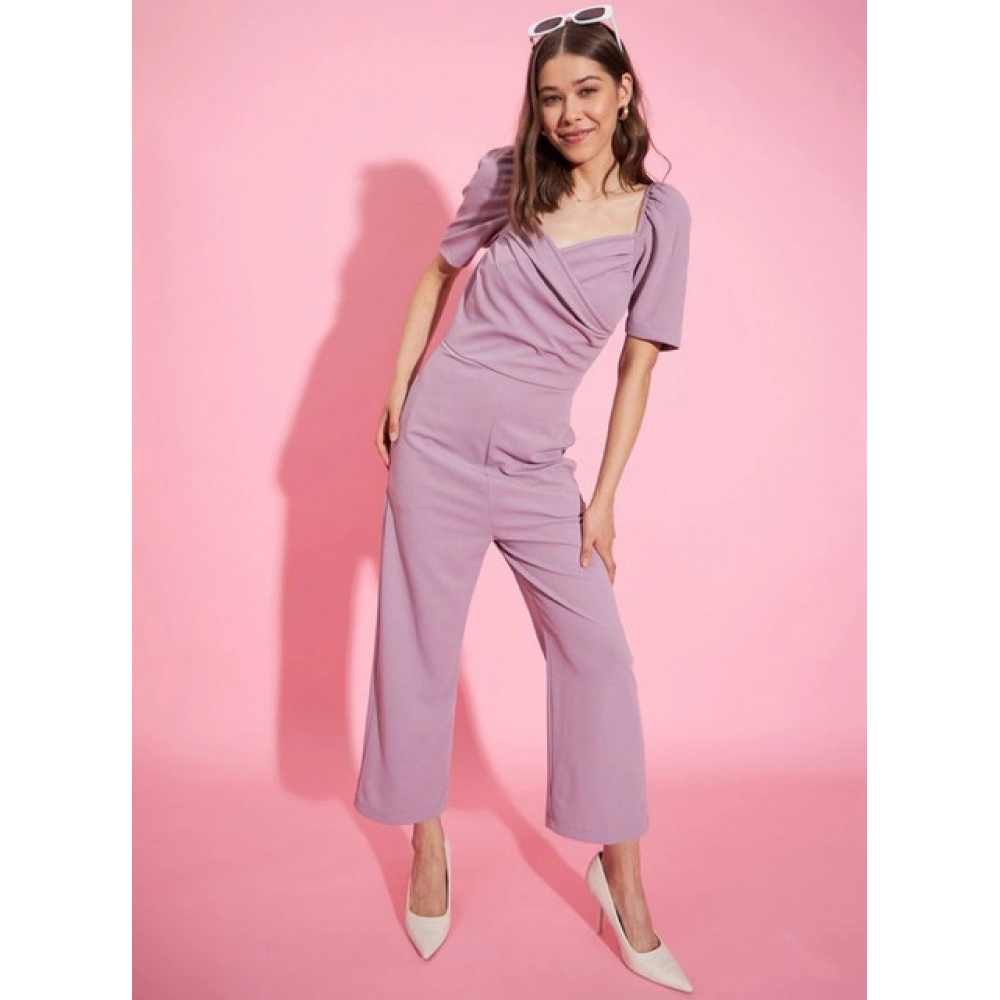 Women's Polyester Lycra Solid Puff Sleeve Jumpsuit (Lavender) - Image 4