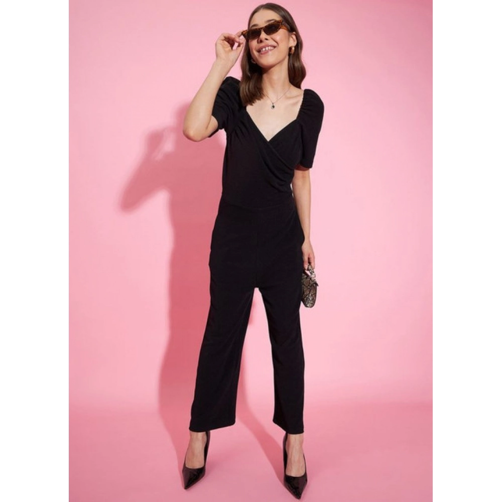 Women's Polyester Lycra Solid Puff Sleeve Jumpsuit (Black) - Image 2