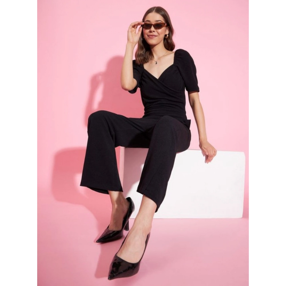 Women's Polyester Lycra Solid Puff Sleeve Jumpsuit (Black) - Image 3
