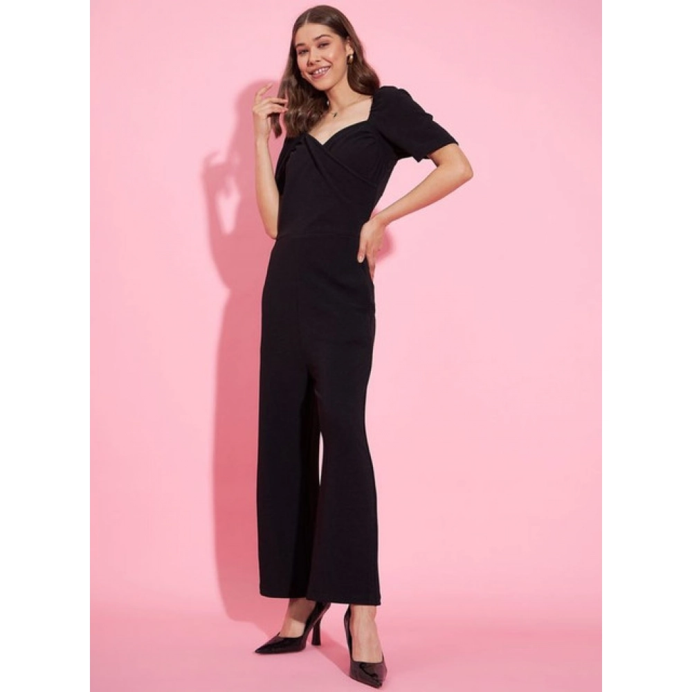 Women's Polyester Lycra Solid Puff Sleeve Jumpsuit (Black) - Image 4