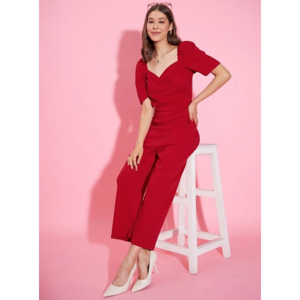 Women's Polyester Lycra Solid Puff Sleeve Jumpsuit (Red) - Image 2