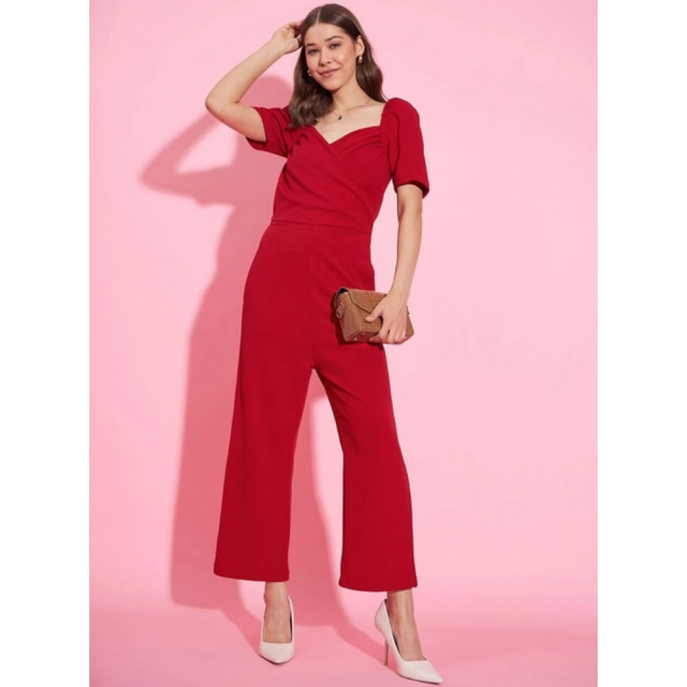 Women's Polyester Lycra Solid Puff Sleeve Jumpsuit (Red) - Image 3
