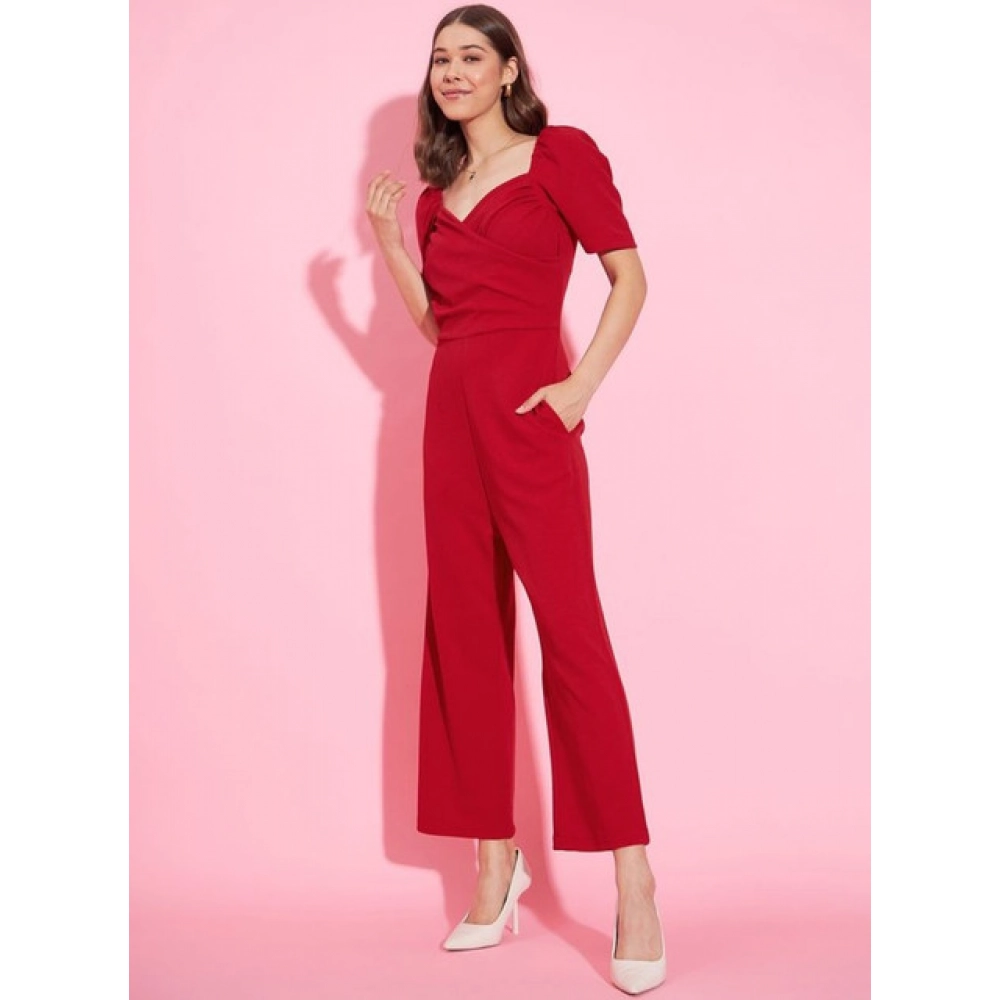 Women's Polyester Lycra Solid Puff Sleeve Jumpsuit (Red) - Image 4