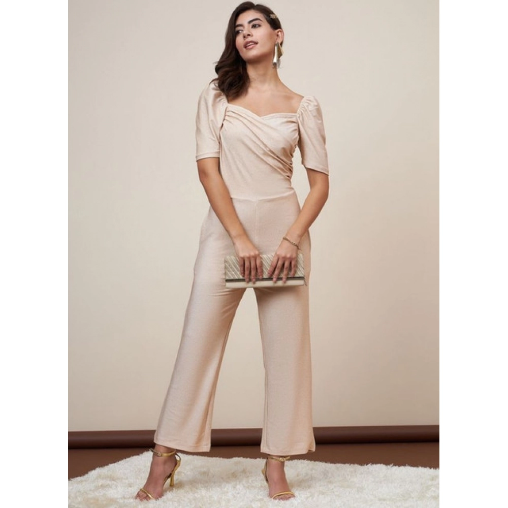 Women's Polyester Shimmer Self Design Short Sleeve Jumpsuit (Gold) - Image 3