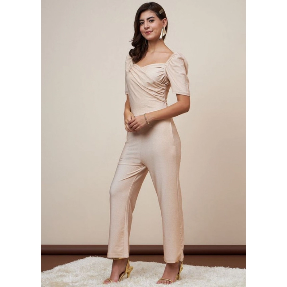 Women's Polyester Shimmer Self Design Short Sleeve Jumpsuit (Gold) - Image 4