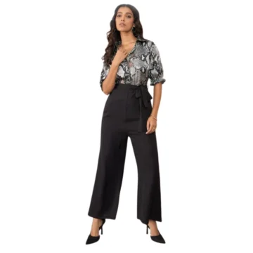 Women's Satin And Polyester Floral Half Sleeves Jumpsuit (Grey - Black)
