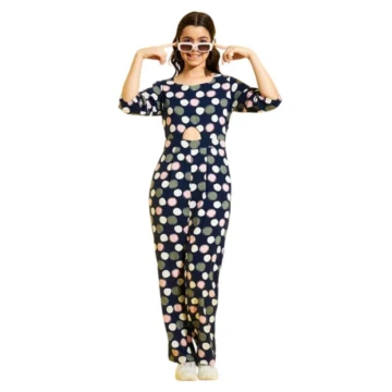 Girl's Cotton Polka 3-4th Sleeve Jumpsuit (Multicolor)