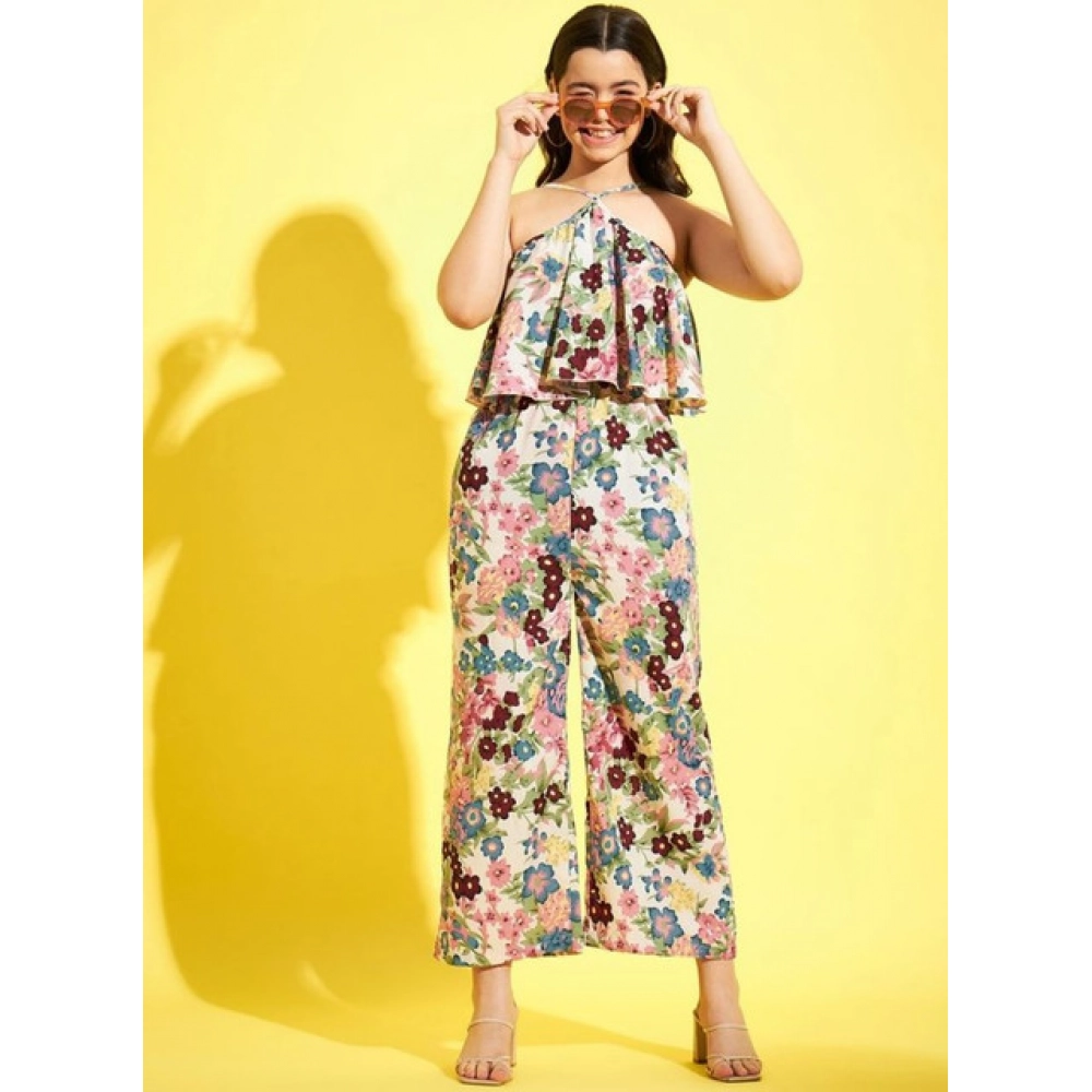 Girl's Polyester Crepe Floral Sleeveless Jumpsuit (Multicolor) - Image 3