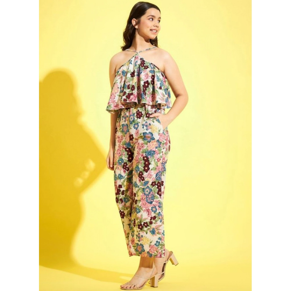 Girl's Polyester Crepe Floral Sleeveless Jumpsuit (Multicolor) - Image 4