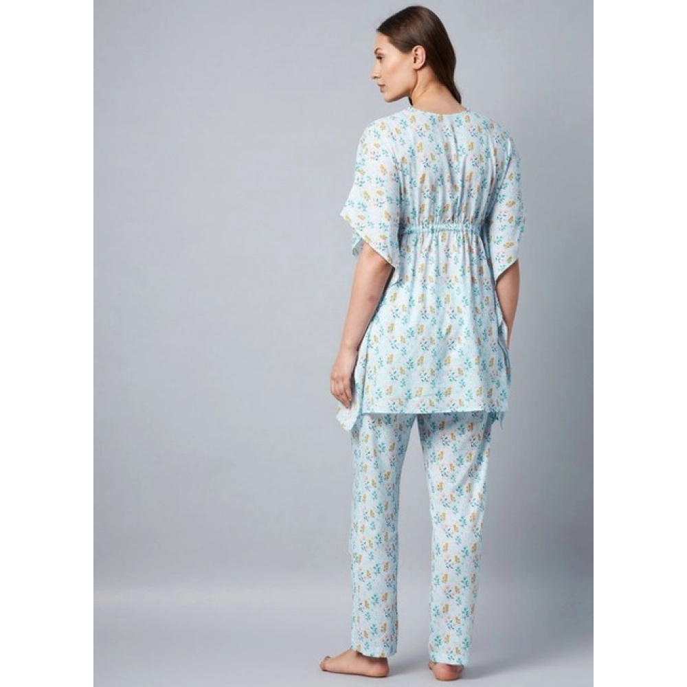 Women's Rayon Floral Kaftan Sleeve Kaftan Sets (Light Blue) - Image 4