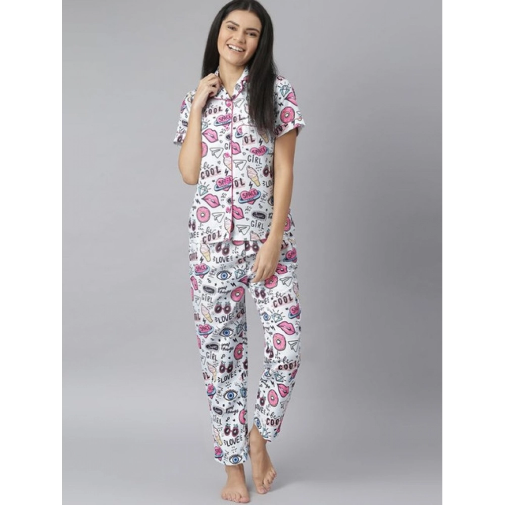 Women's Cotton Blend Printed Short Sleeve Night Suit (Multicolor) - Image 3