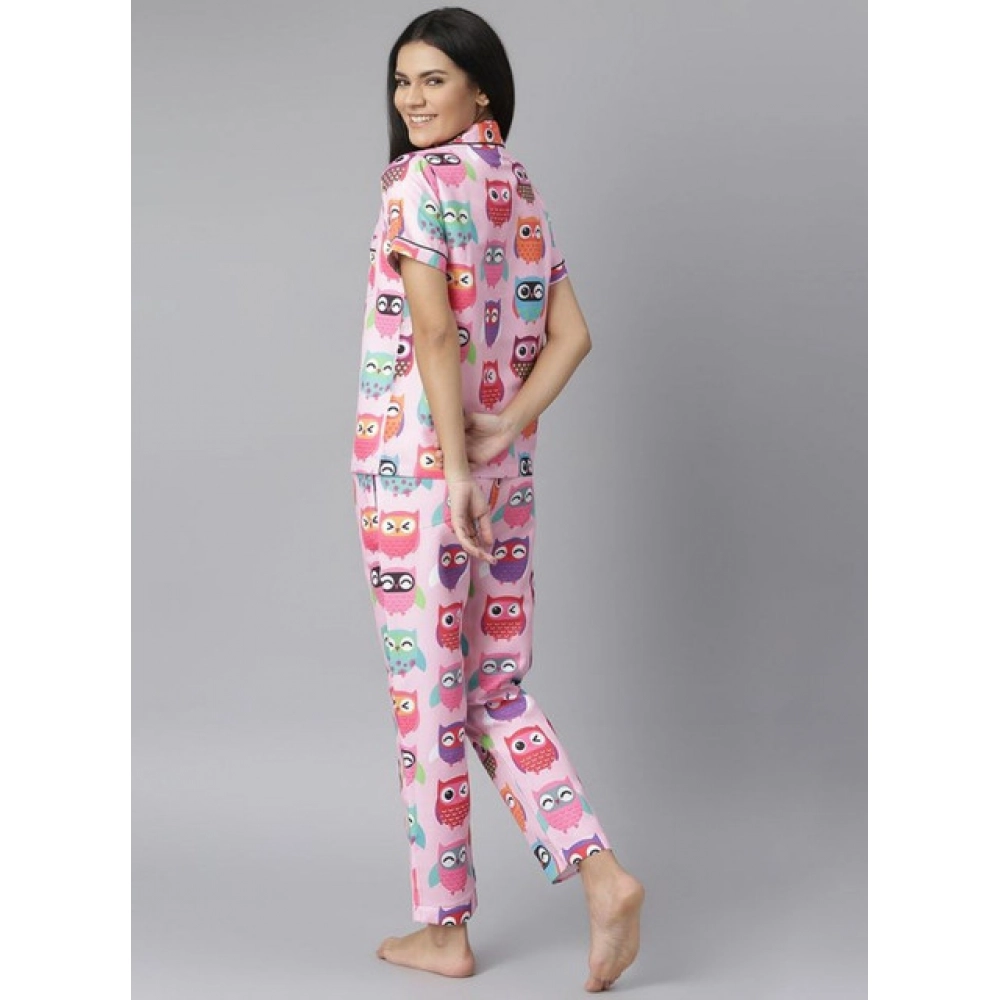 Women's Cotton Blend Printed Short Sleeve Night Suit (Pink) - Image 2