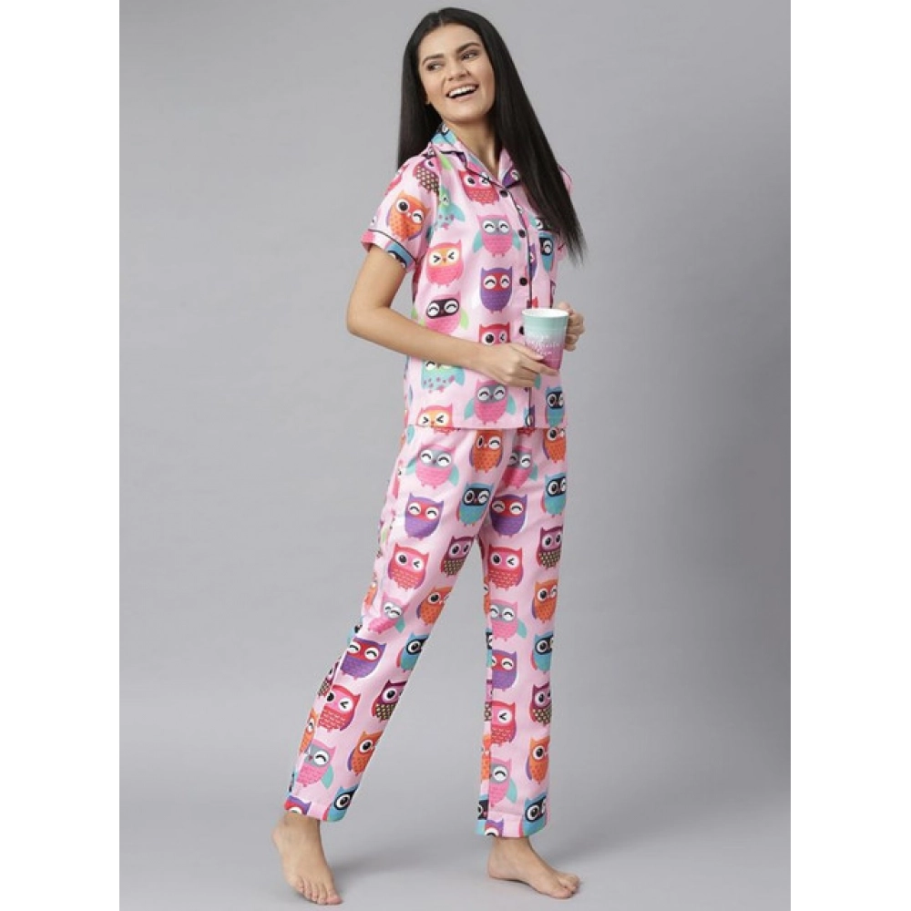 Women's Cotton Blend Printed Short Sleeve Night Suit (Pink) - Image 3
