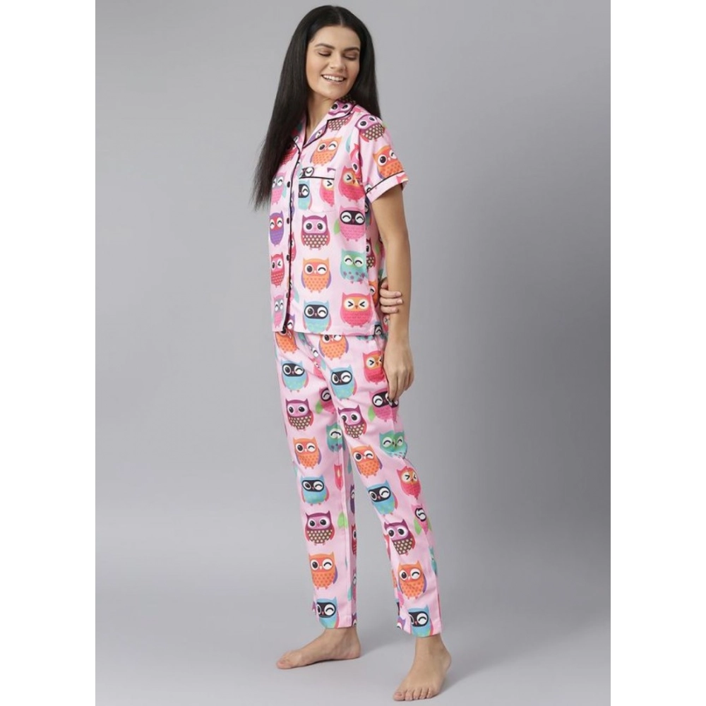 Women's Cotton Blend Printed Short Sleeve Night Suit (Pink) - Image 4