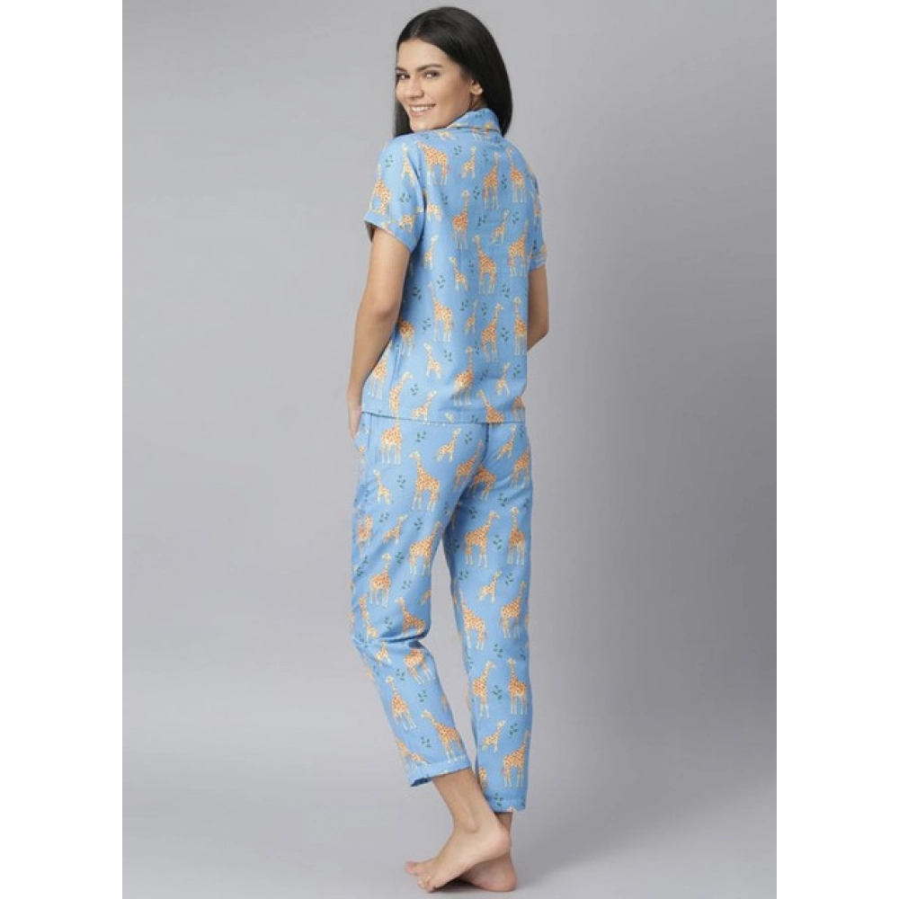 Women's Cotton Blend Printed Short Sleeve Night Suit (Blue) - Image 2