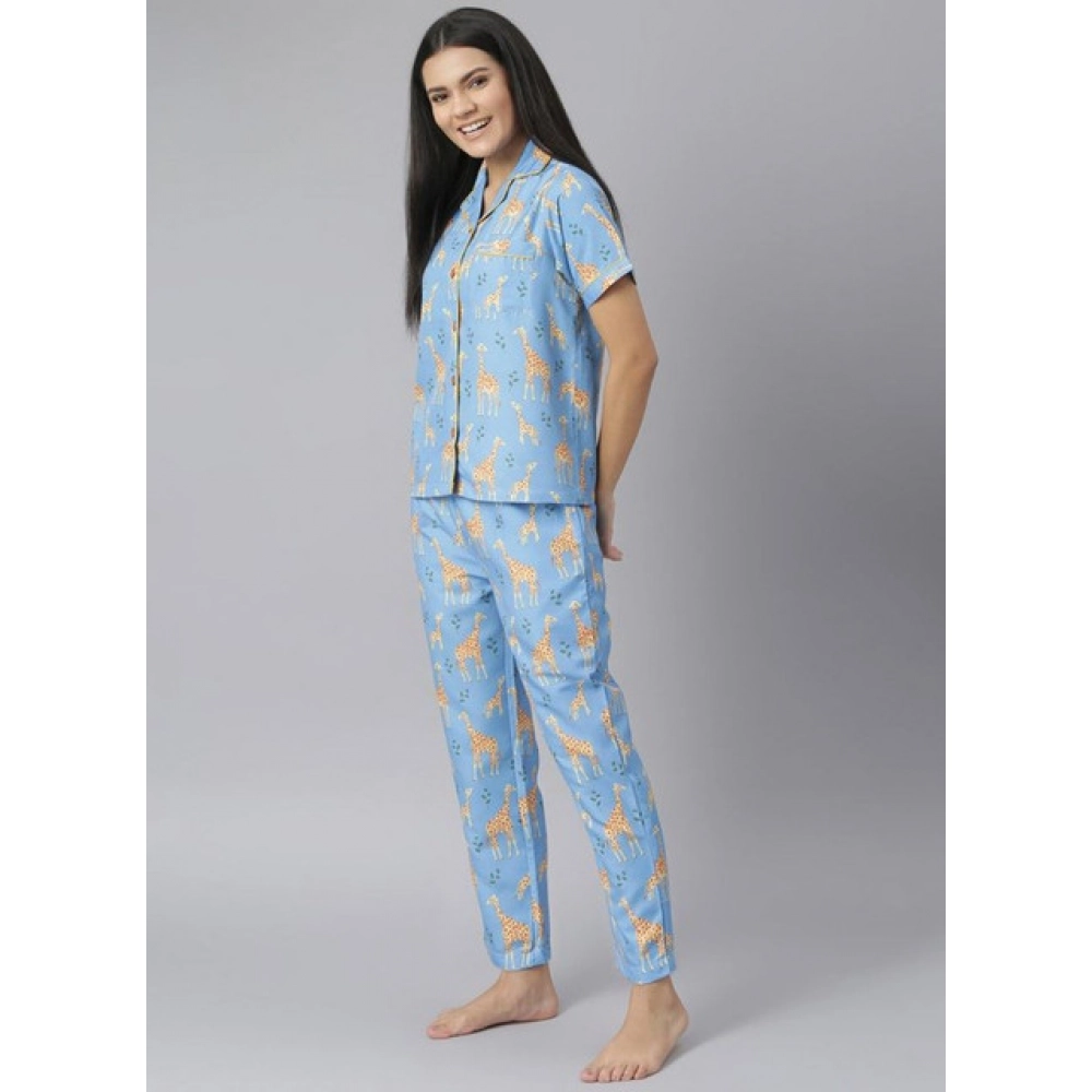 Women's Cotton Blend Printed Short Sleeve Night Suit (Blue) - Image 4
