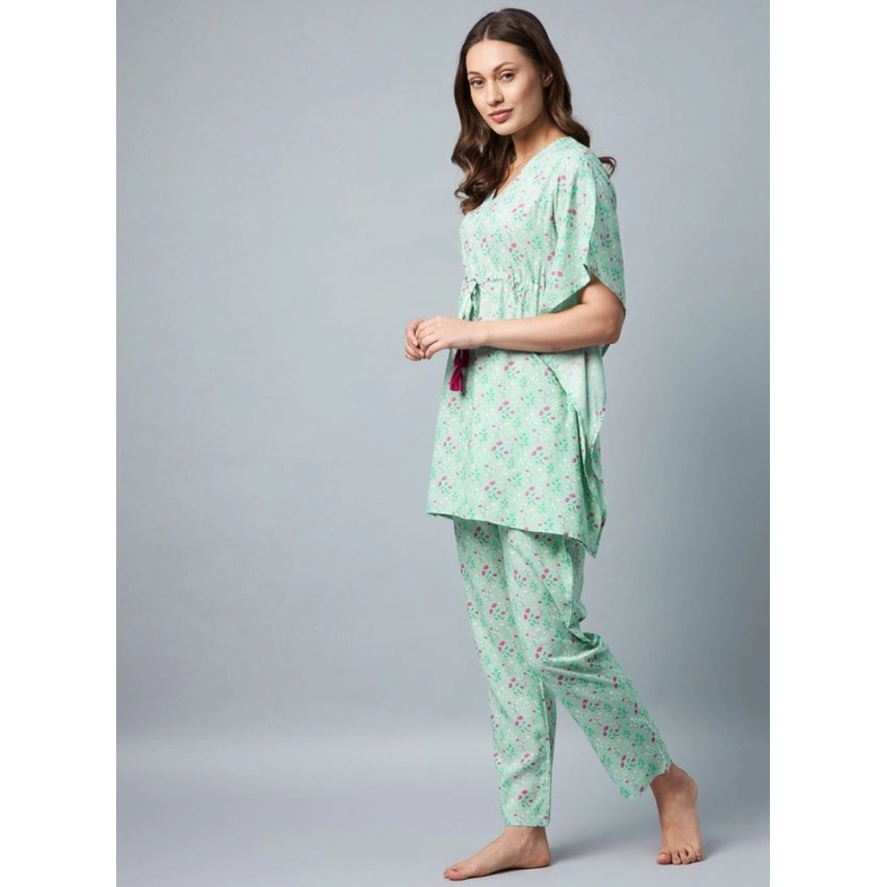 Women's Rayon Floral Kaftan Sleeve Night Suit (Green - Pink) - Image 4
