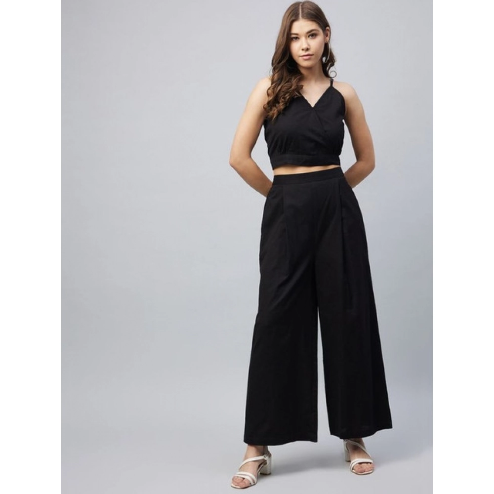 Women's Cotton Linen Solid Sleeveless Crop Top and Palazzo Set (Black) - Image 2