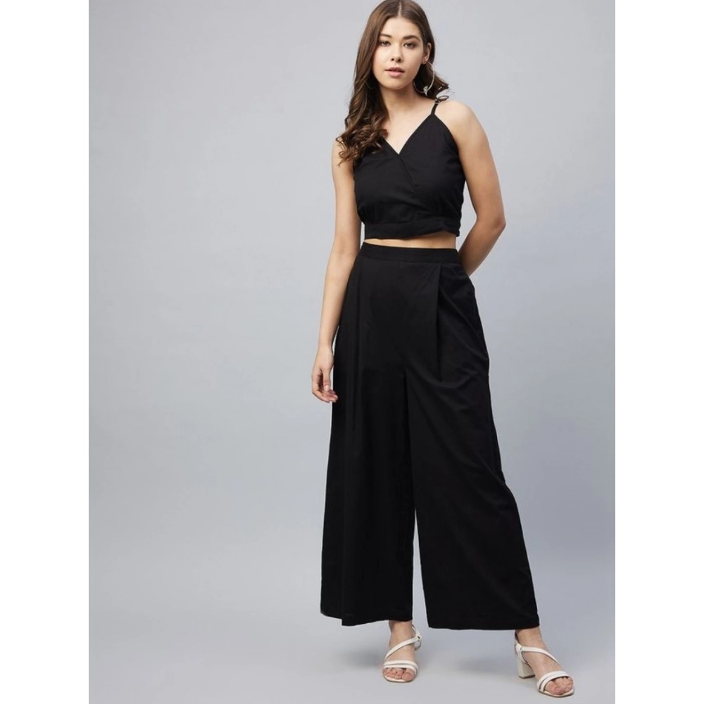Women's Cotton Linen Solid Sleeveless Crop Top and Palazzo Set (Black) - Image 3