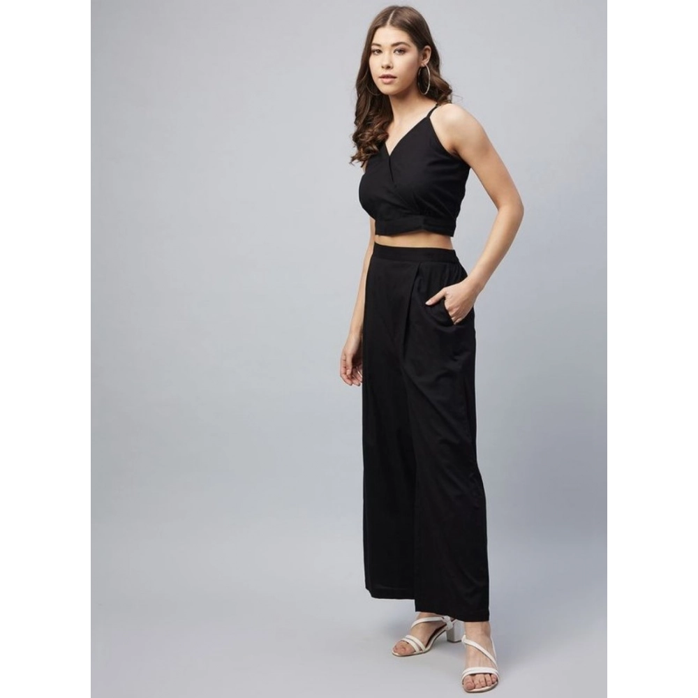 Women's Cotton Linen Solid Sleeveless Crop Top and Palazzo Set (Black) - Image 4
