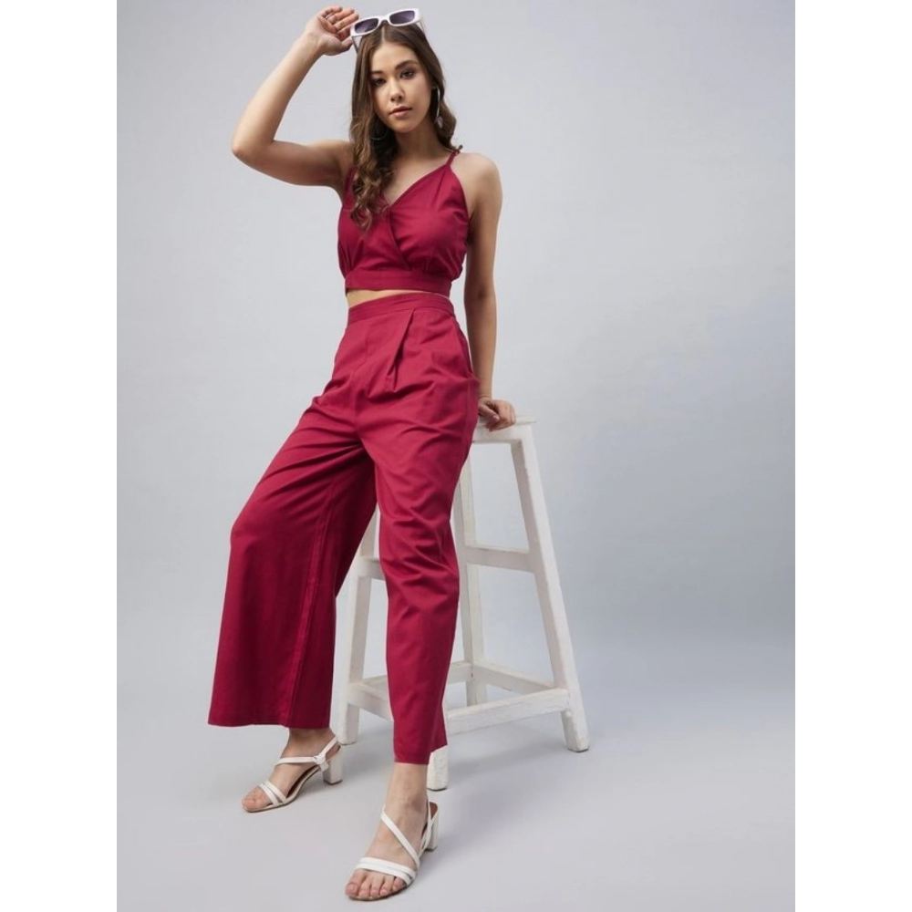 Women's Cotton Linen Solid Sleeveless Crop Top and Palazzo Set (Maroon) - Image 2