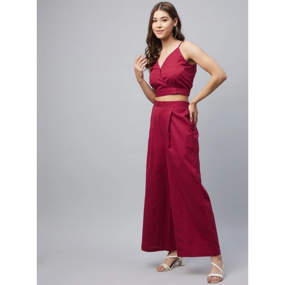 Women's Cotton Linen Solid Sleeveless Crop Top and Palazzo Set (Maroon) - Image 4