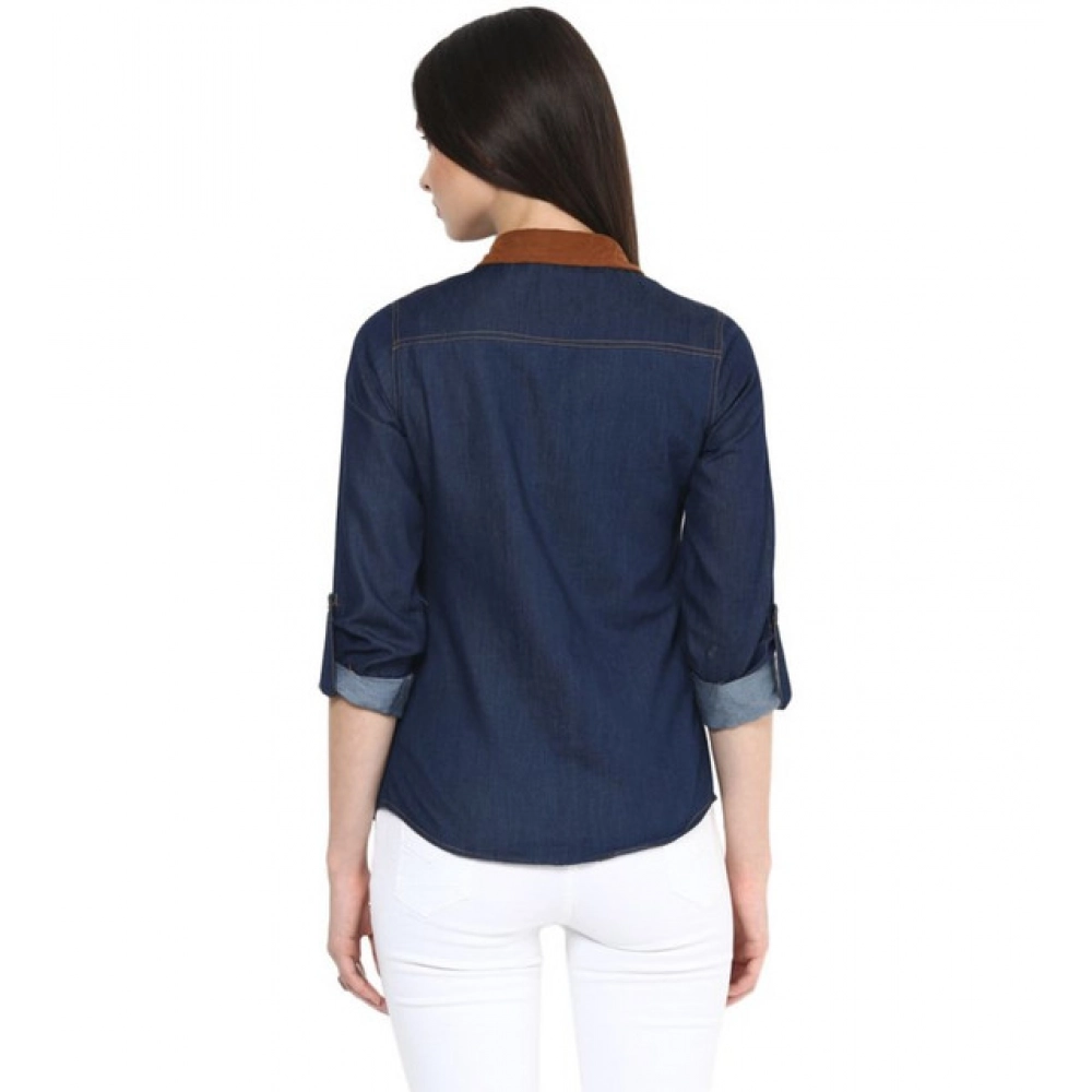 Women's Denim Cotton based Solid Long Sleeves Shirt (Blue) - Image 2