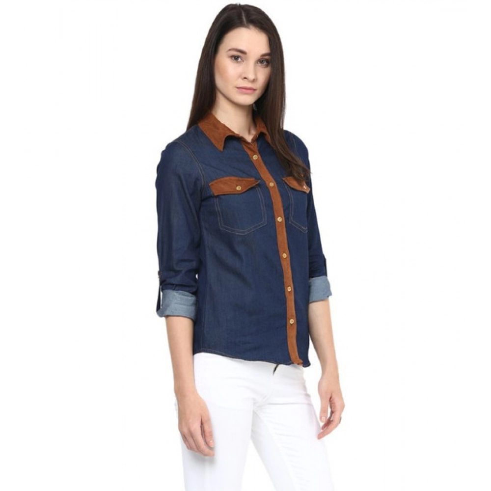 Women's Denim Cotton based Solid Long Sleeves Shirt (Blue) - Image 4