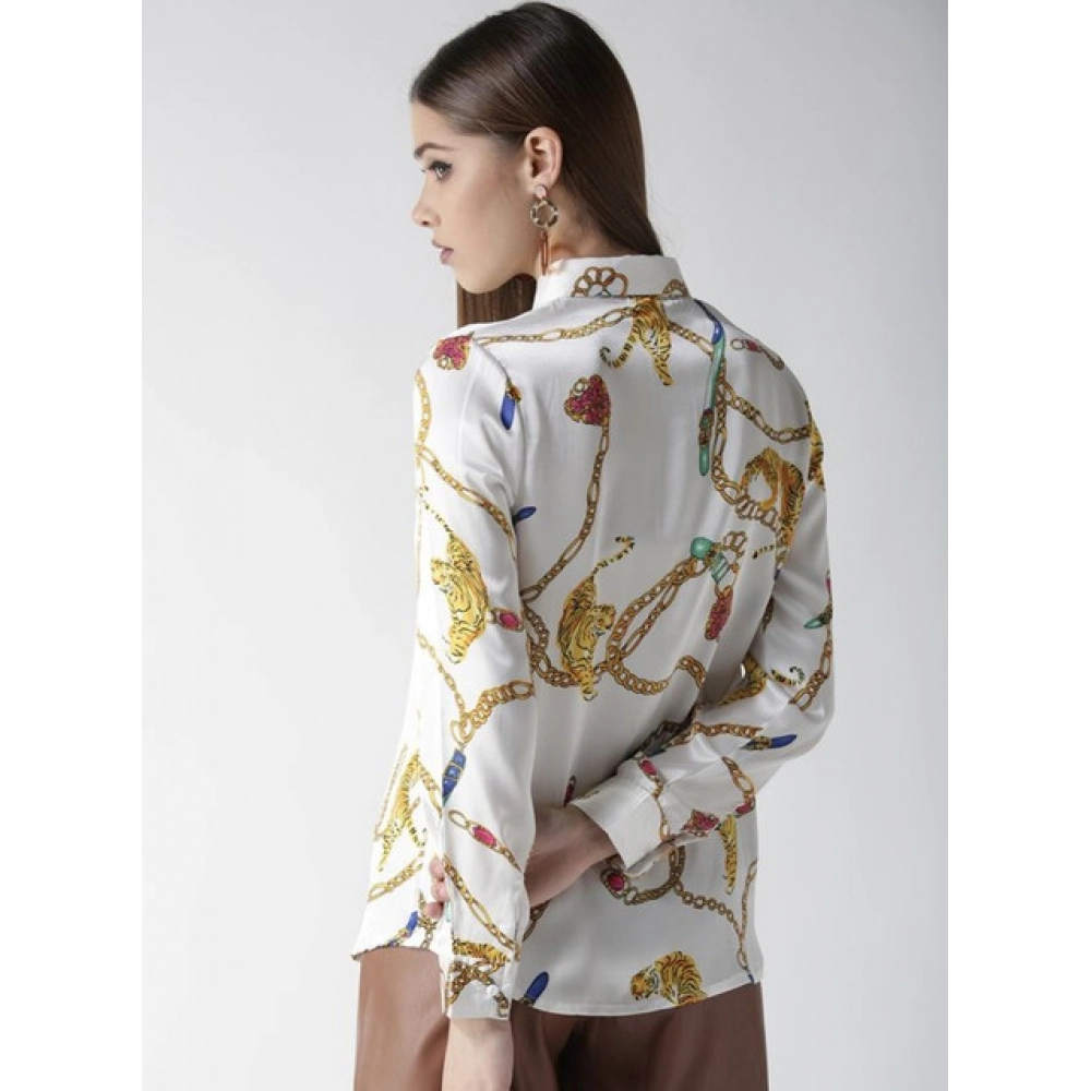 Women's Satin Printed Long Sleeves Shirt (White-Gold) - Image 2