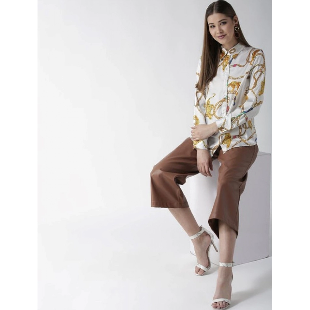 Women's Satin Printed Long Sleeves Shirt (White-Gold) - Image 3