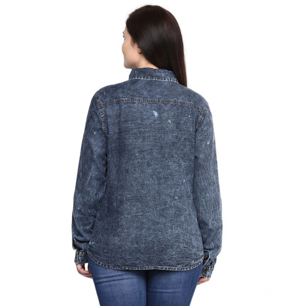 Women's Denim Solid Long Sleeves Shirt (Blue) - Image 2