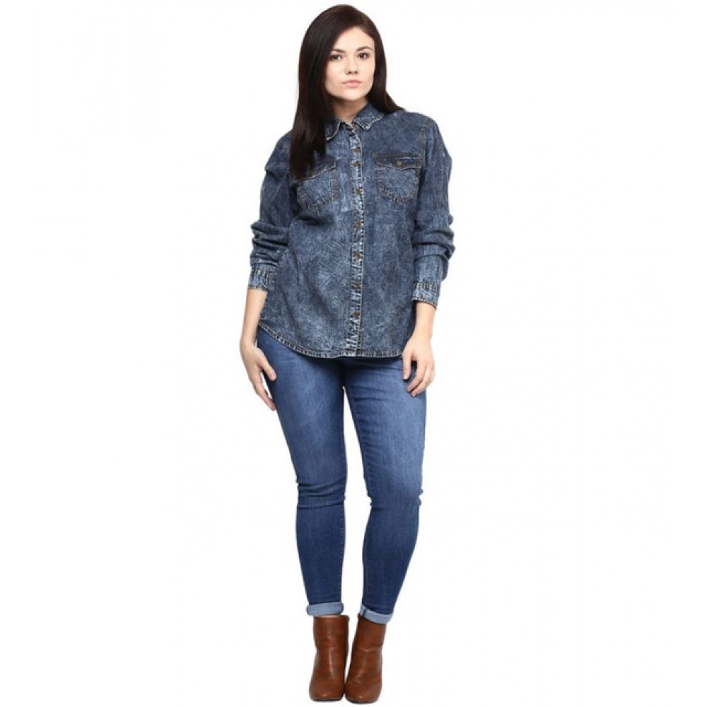 Women's Denim Solid Long Sleeves Shirt (Blue) - Image 3