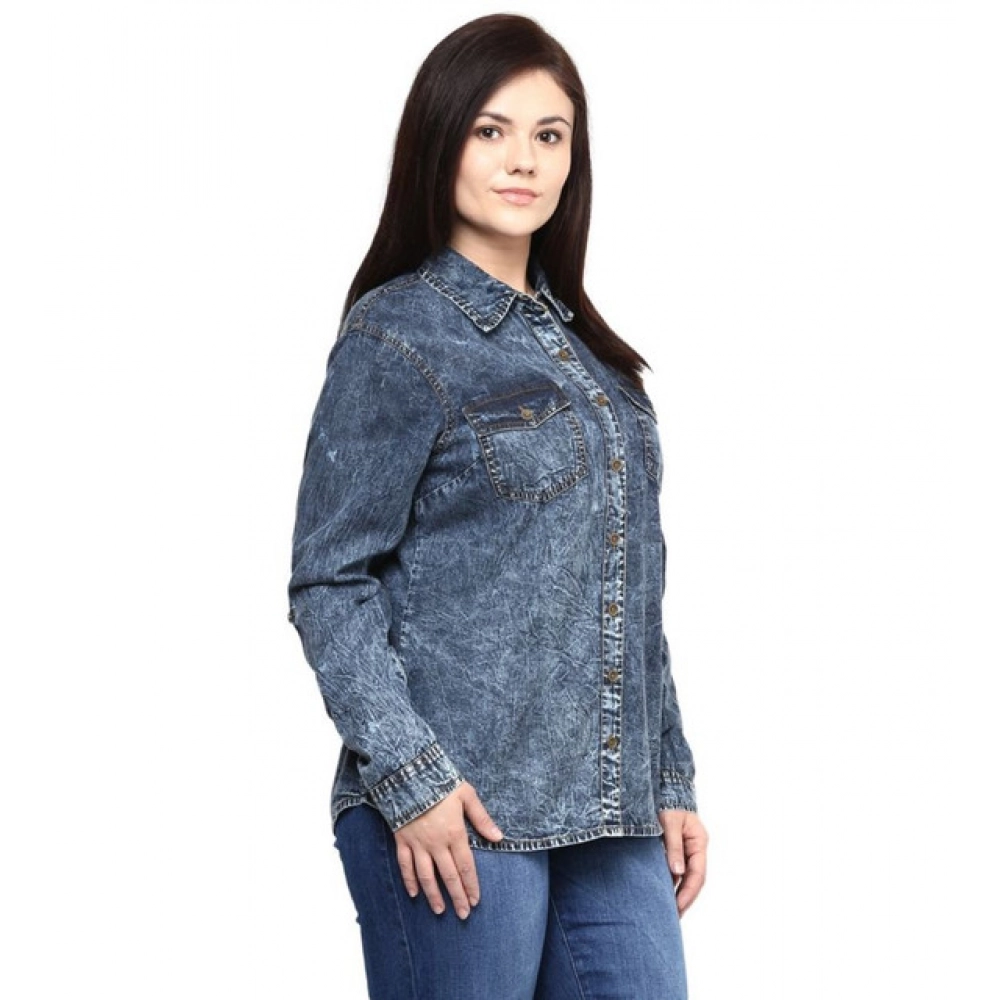 Women's Denim Solid Long Sleeves Shirt (Blue) - Image 4