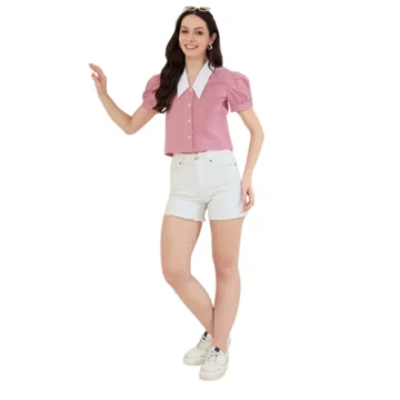 Women's Cotton Checkered Half Sleeve Shirt (Red - White)