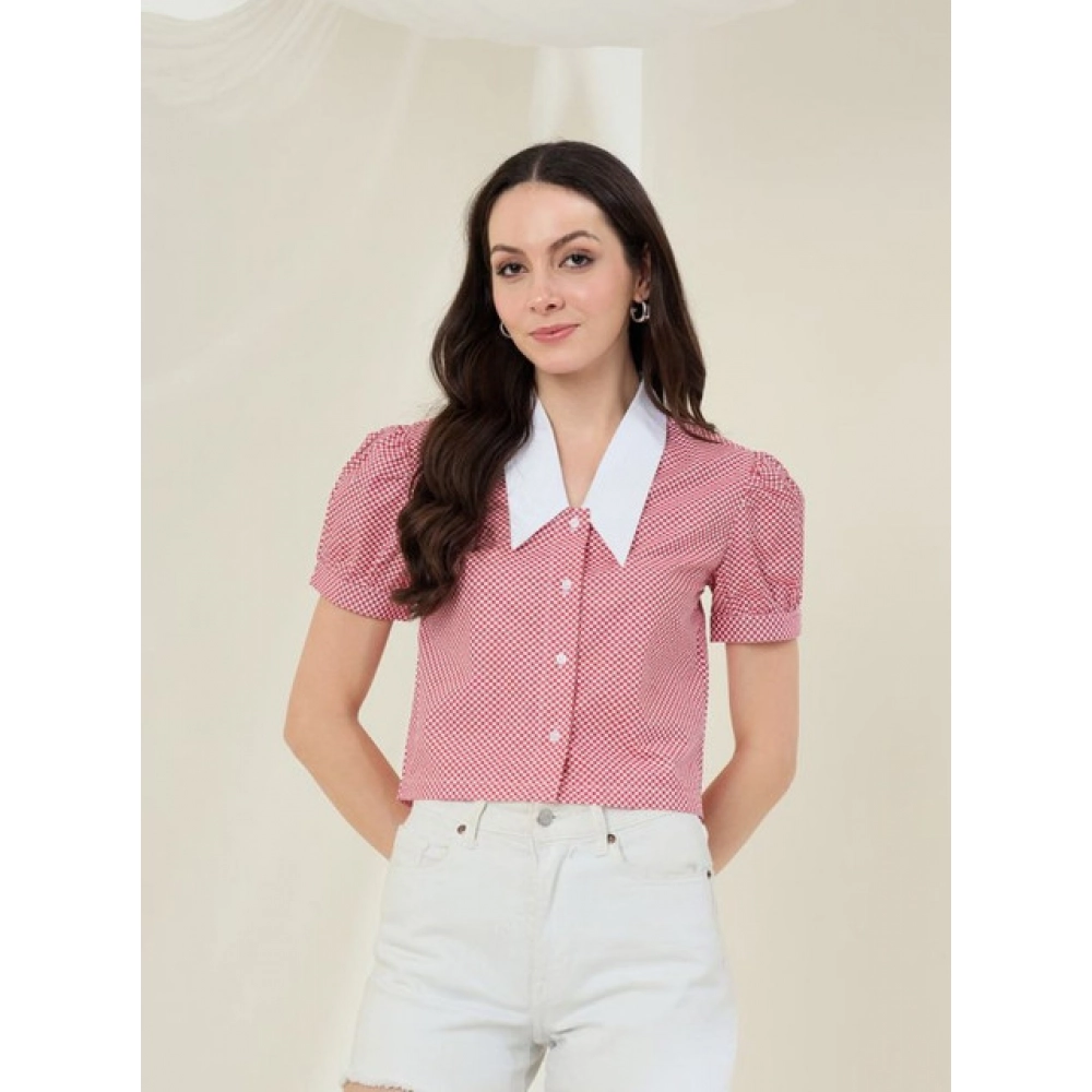 Women's Cotton Checkered Half Sleeve Shirt (Red - White) - Image 2