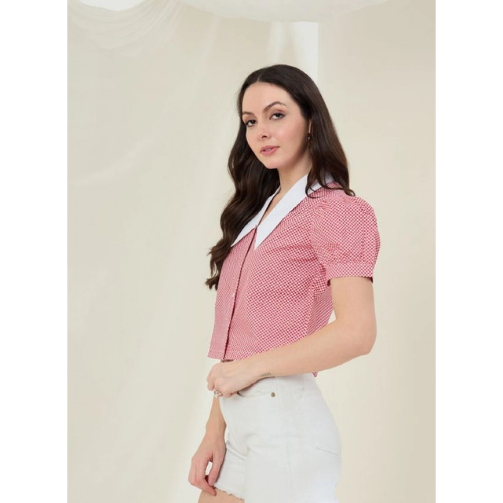 Women's Cotton Checkered Half Sleeve Shirt (Red - White) - Image 3