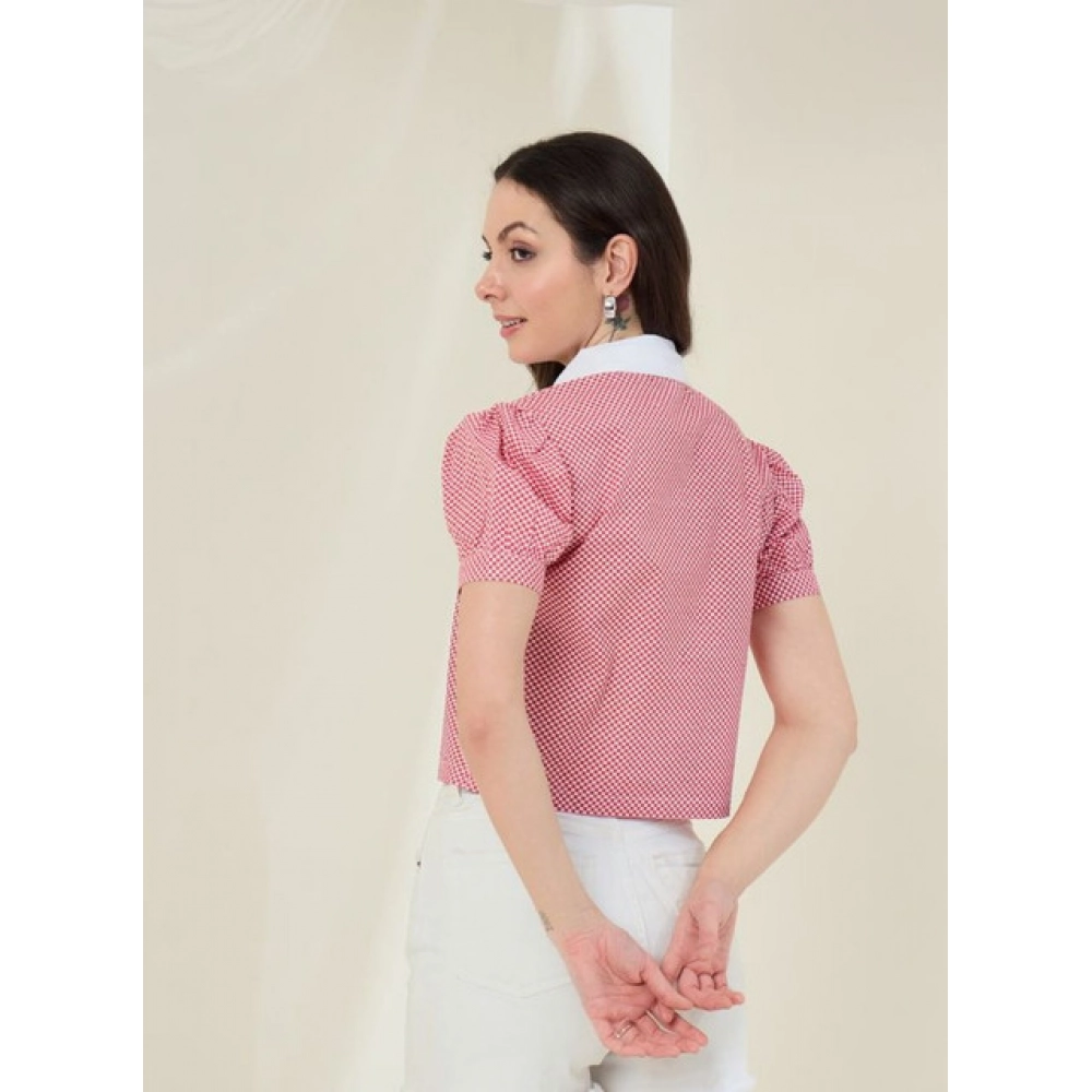 Women's Cotton Checkered Half Sleeve Shirt (Red - White) - Image 4