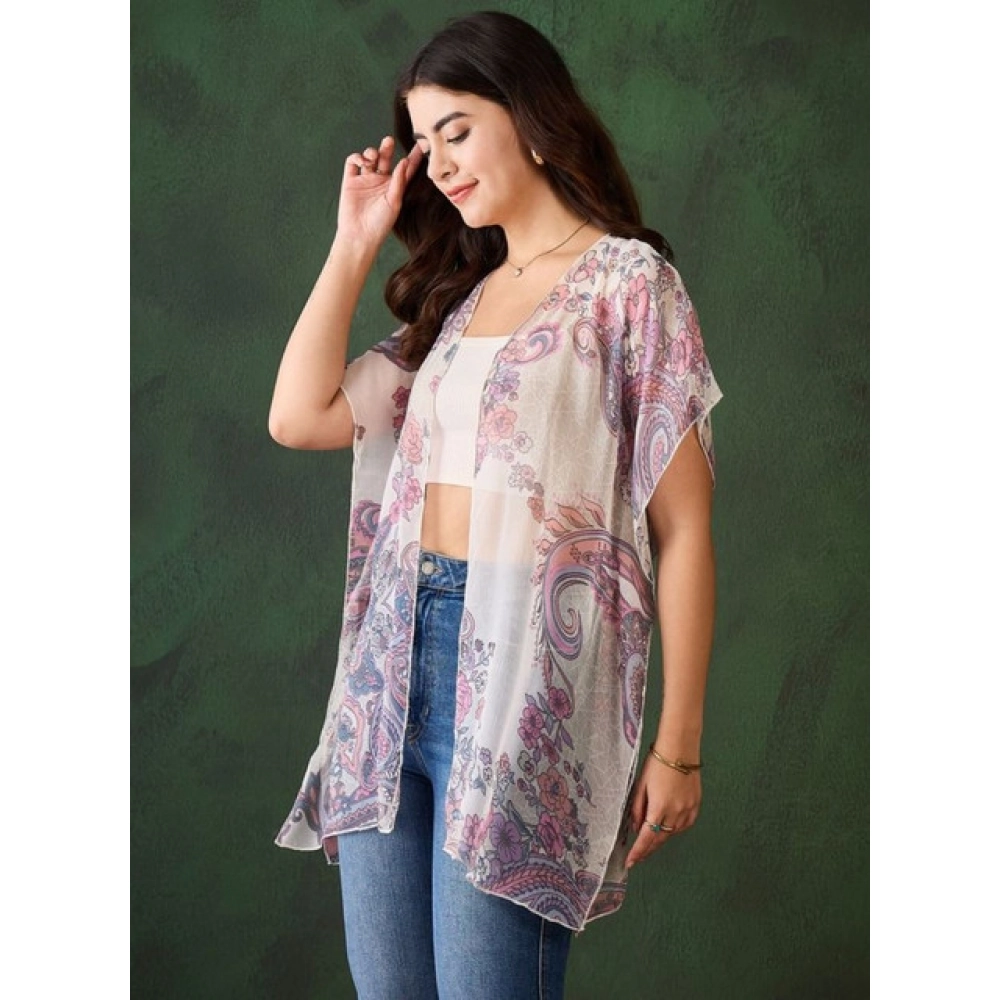 Women's Chiffon Printed Short Sleeves Shrug (White - Purple) - Image 2