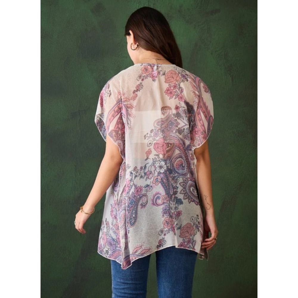 Women's Chiffon Printed Short Sleeves Shrug (White - Purple) - Image 3