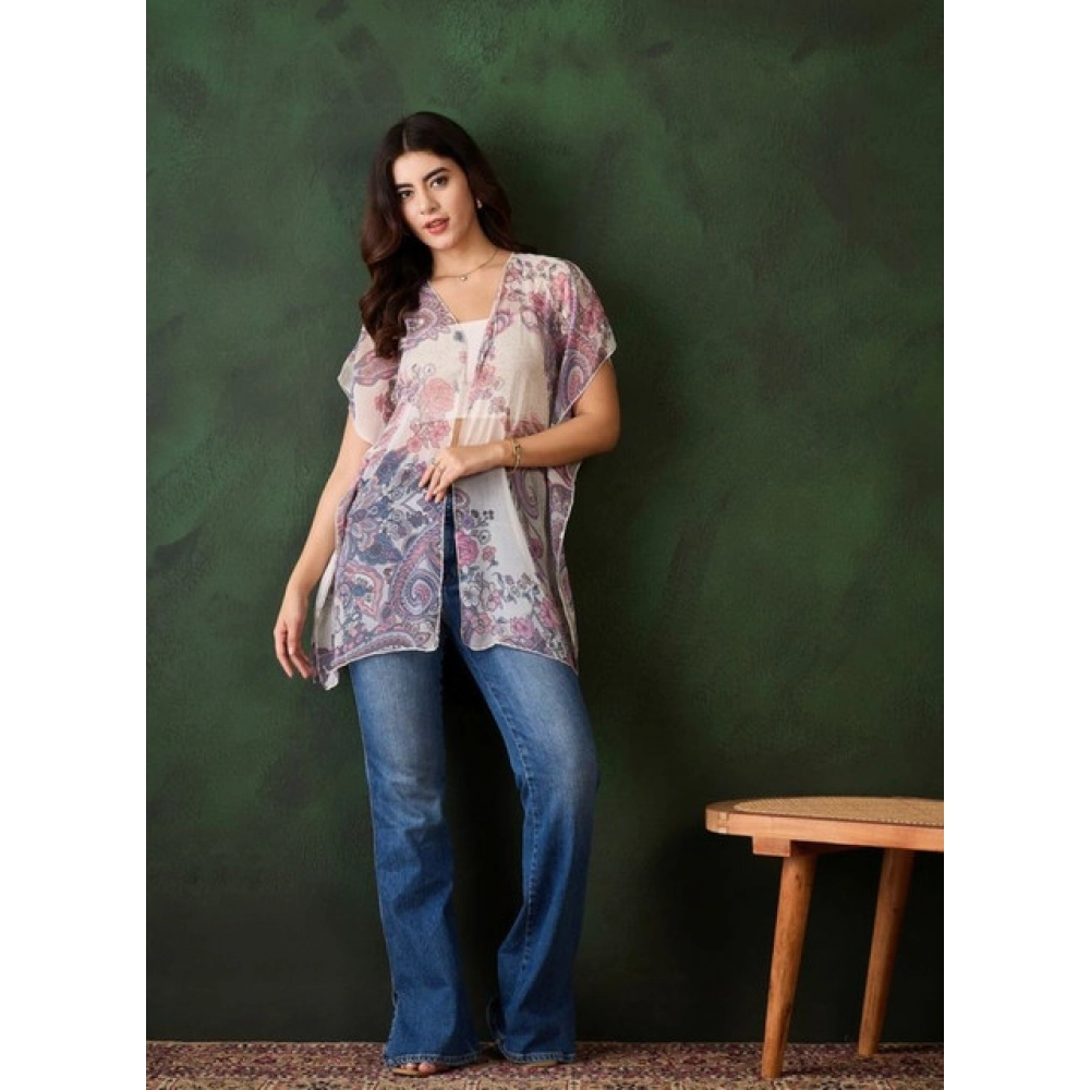 Women's Chiffon Printed Short Sleeves Shrug (White - Purple) - Image 4