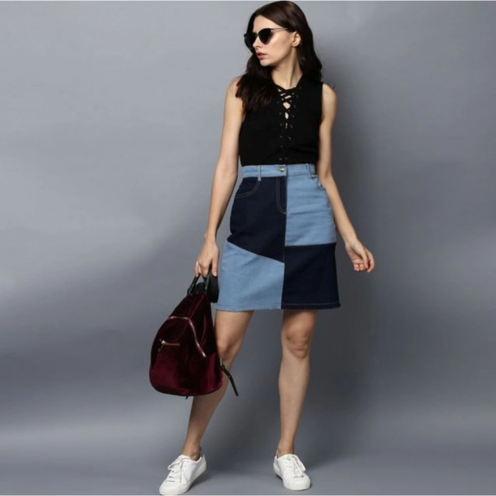 Women's Denim Brick Style Buttoned Skirt (Blue) - Image 3