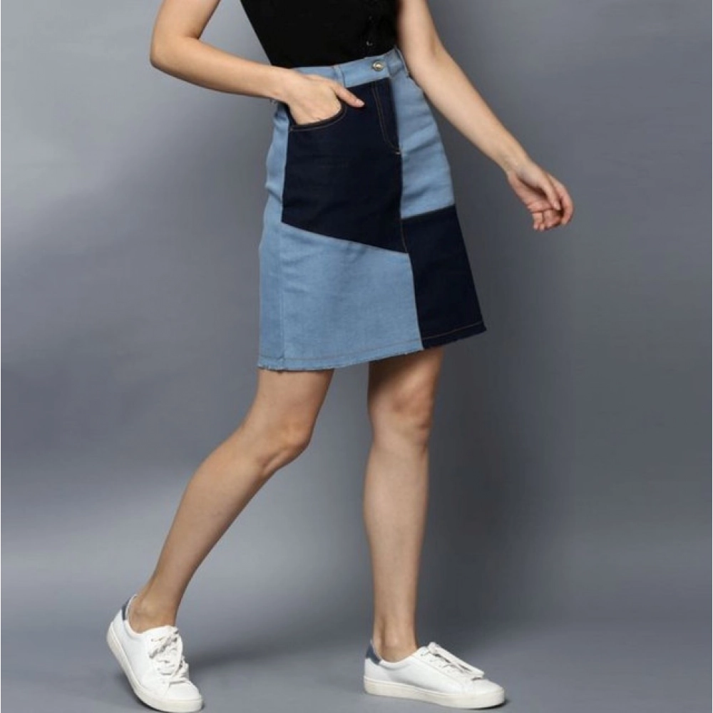 Women's Denim Brick Style Buttoned Skirt (Blue) - Image 4
