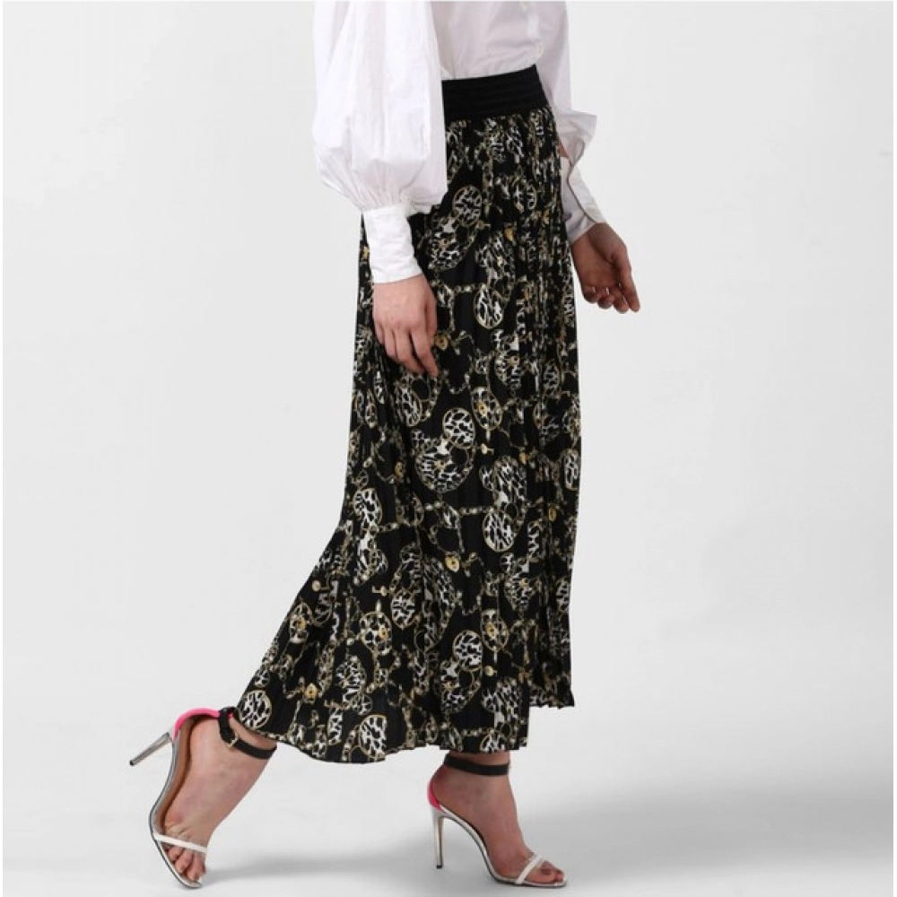 Women's Georgette Chain Print Elasticated Skirt (Black-Cream) - Image 4