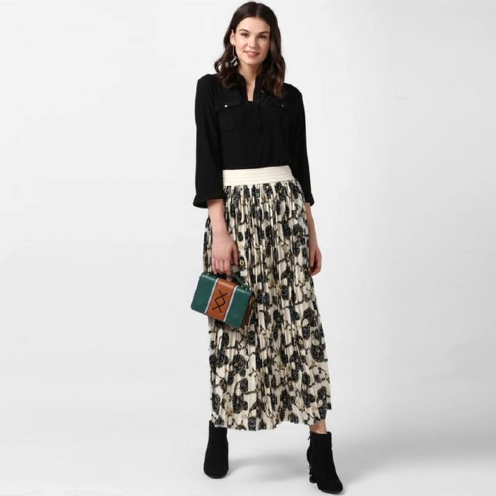 Women's Georgette Chain Print Elasticated Skirt (Cream-Black) - Image 3