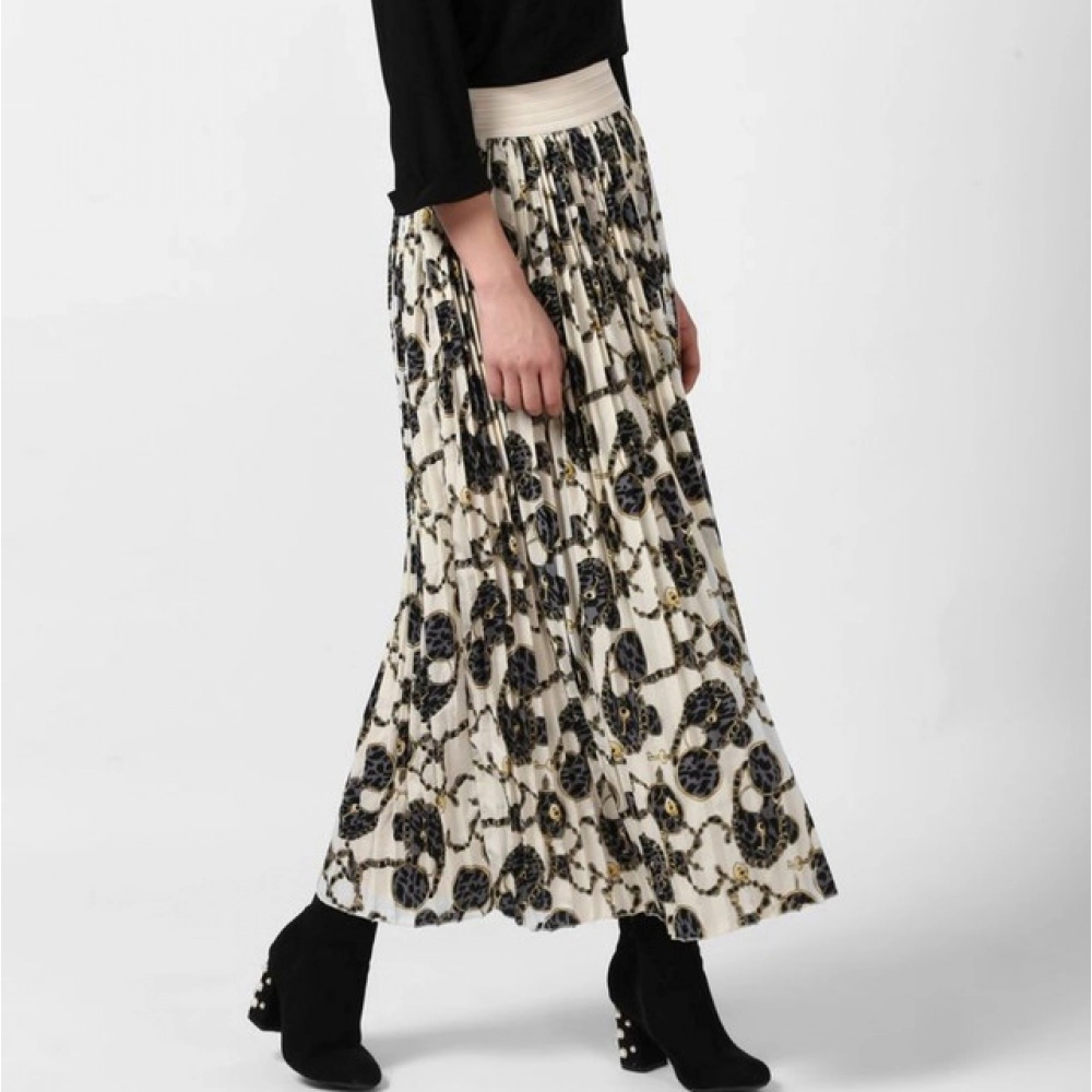 Women's Georgette Chain Print Elasticated Skirt (Cream-Black) - Image 4