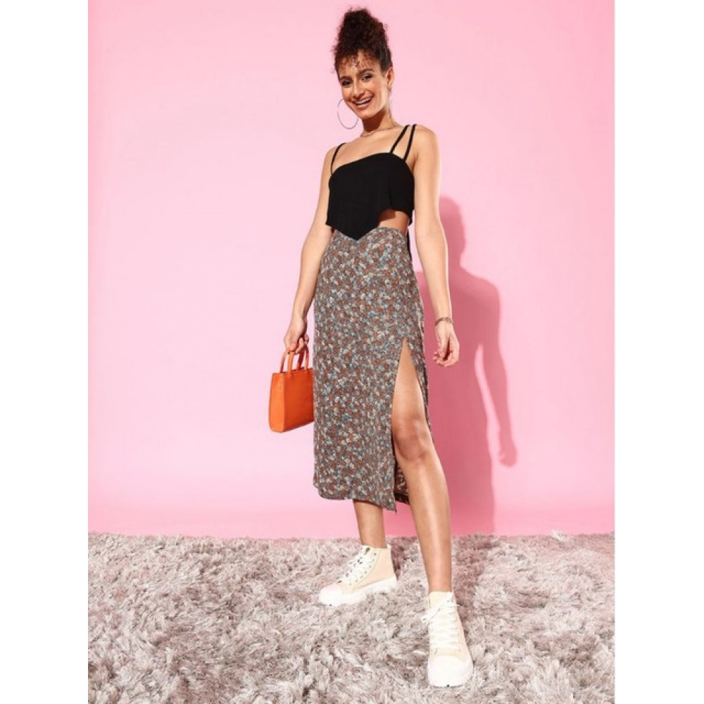 Women's Polyester Floral Side Zip Skirt (Grey - Coral) - Image 2