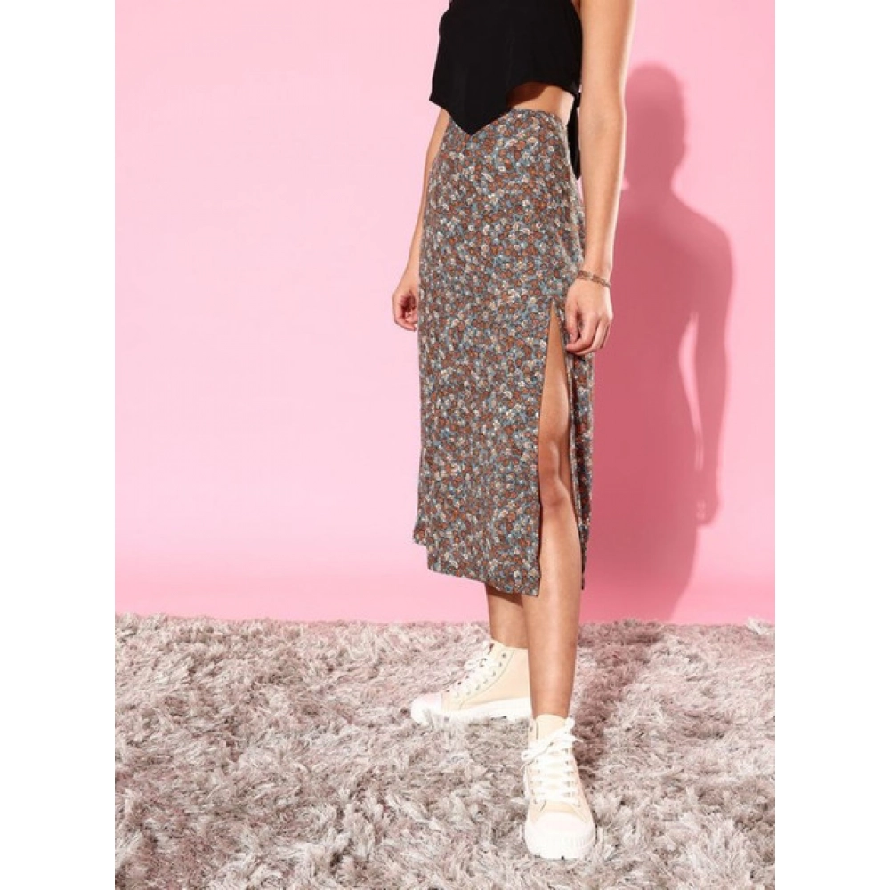 Women's Polyester Floral Side Zip Skirt (Grey - Coral) - Image 3
