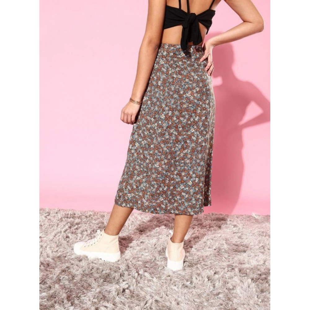 Women's Polyester Floral Side Zip Skirt (Grey - Coral) - Image 4